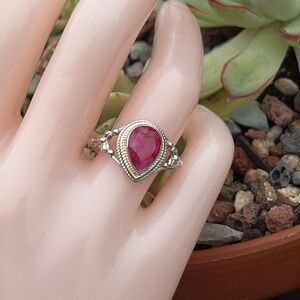 Pear Cut 2ct Natural Genuine Bezel Set Ruby Sterling Silver Ring size 8 and 5.25